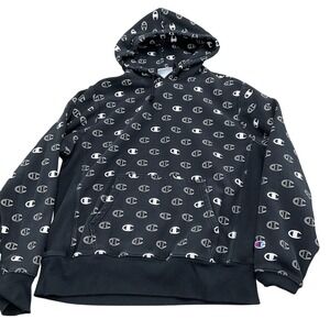 Champion Hoodie Men Large Black White All Over Logo Reverse Weave Cotton Stretch
